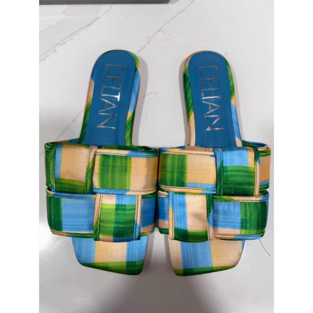 Deltan Woven Plaid Slide Sandals Green Blue Yellow Square Toe Leather Sole 6.5M